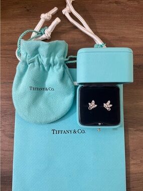 Tiffany & Co. .14 CTW Diamond and 18K White Gold Olive Leaf Earrings w Packaging